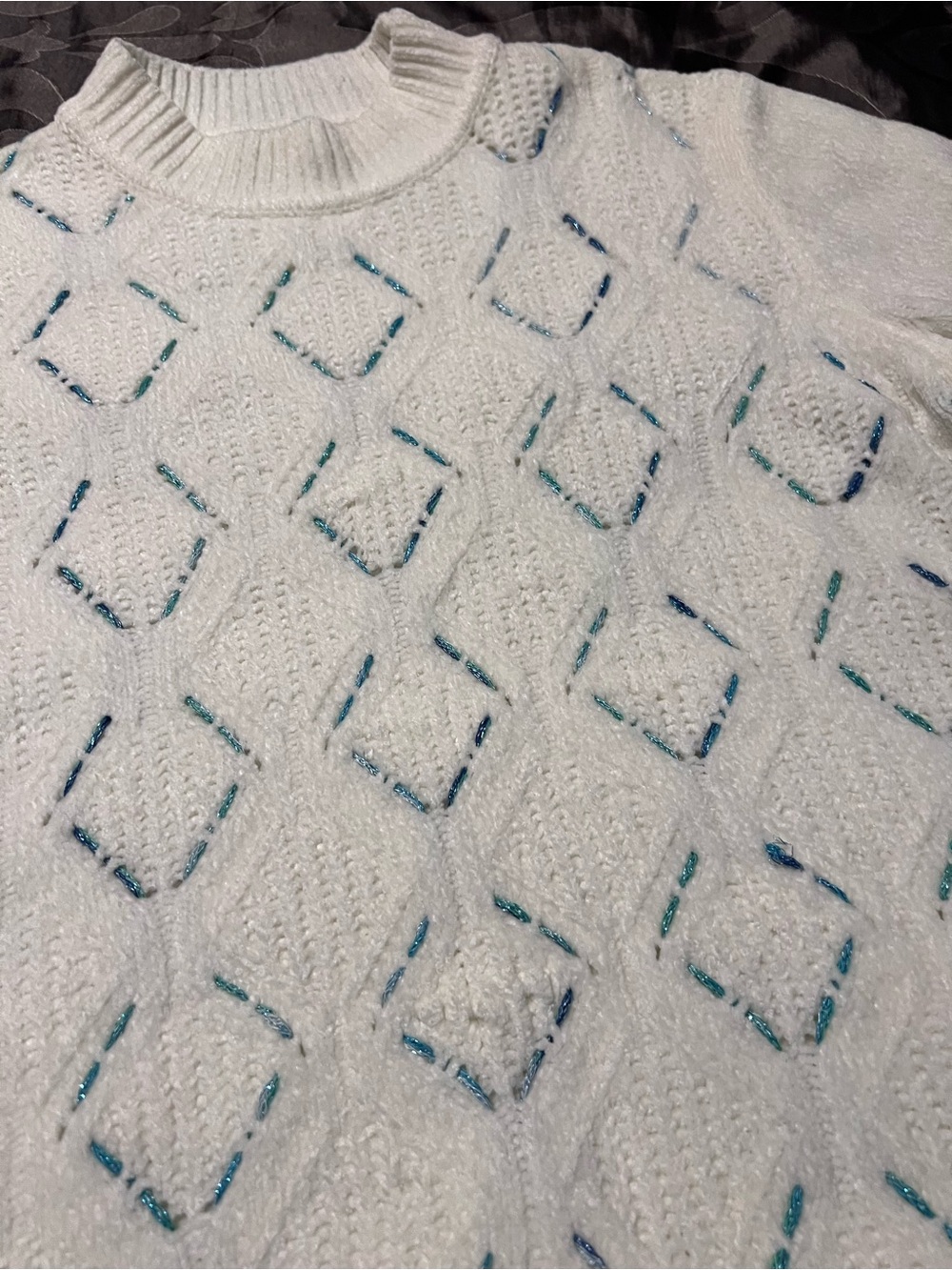 Alfred Dunner Ivory White Chenille Knit Sweater Blue-Green Shimmer Accents XL